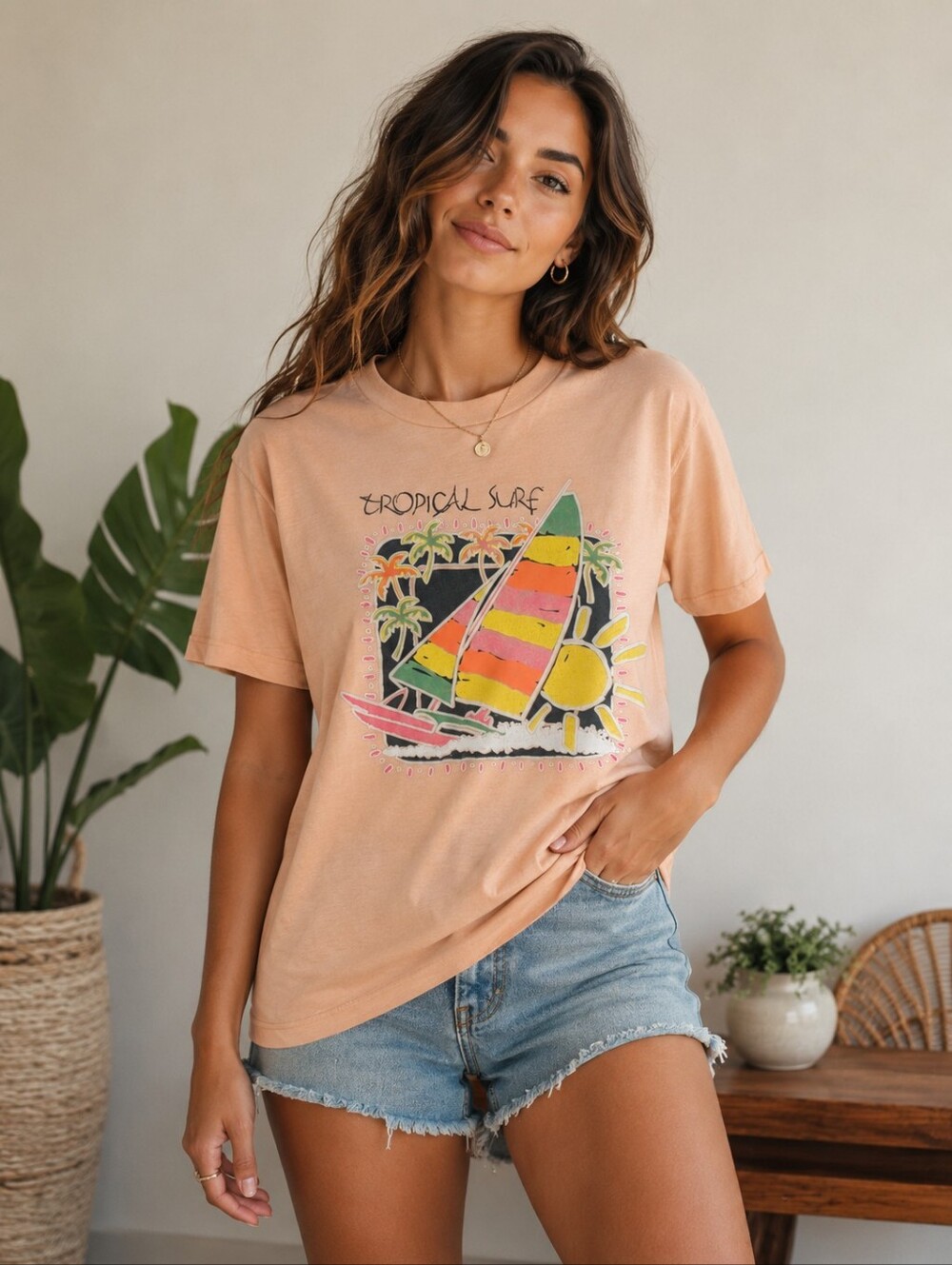 Vintage Tropical Surf Sail Short Sleeve Tee Peach